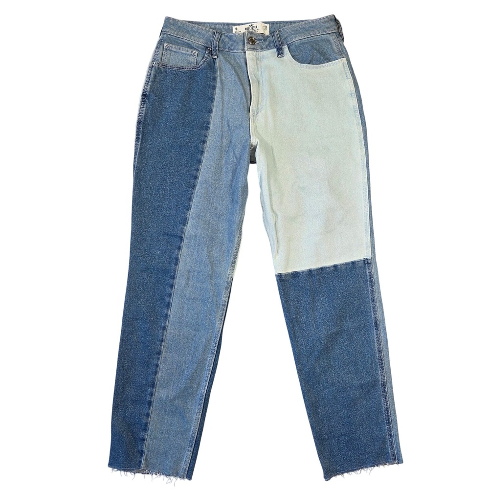 Hollister Curvy High-Rise Mom Jeans Blue Patchwork Colorblock 7R 28 Boho Y2k